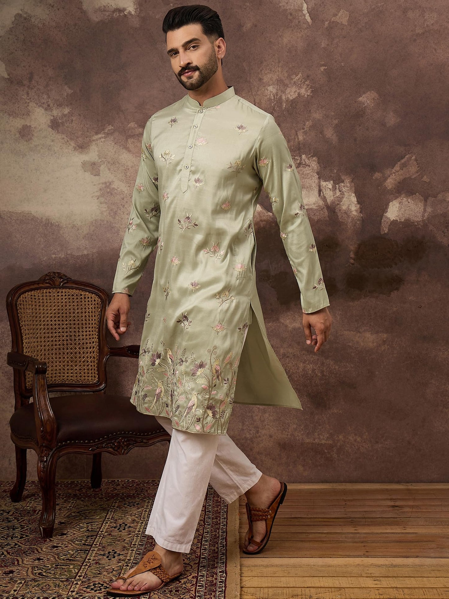 Ethnic Bay Men's Green Silk Blend Solid Embroidered Calf Length Kurta's | Embroidered Kurta for Men | Straight Fit Kurtas for Mens (MKU1341, M)