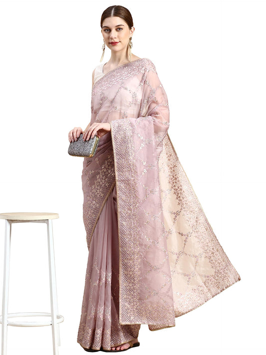 MOHEY Women's Organza Machine Resham Boota & Border Work Saree with Unstitched Blouse Piece - Purple