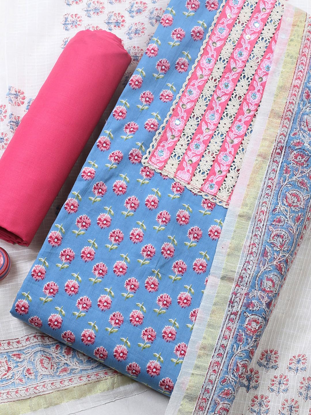 Meena Bazaar Blue Printed Cotton Blend Unstitched Suit With Pant & Dupatta