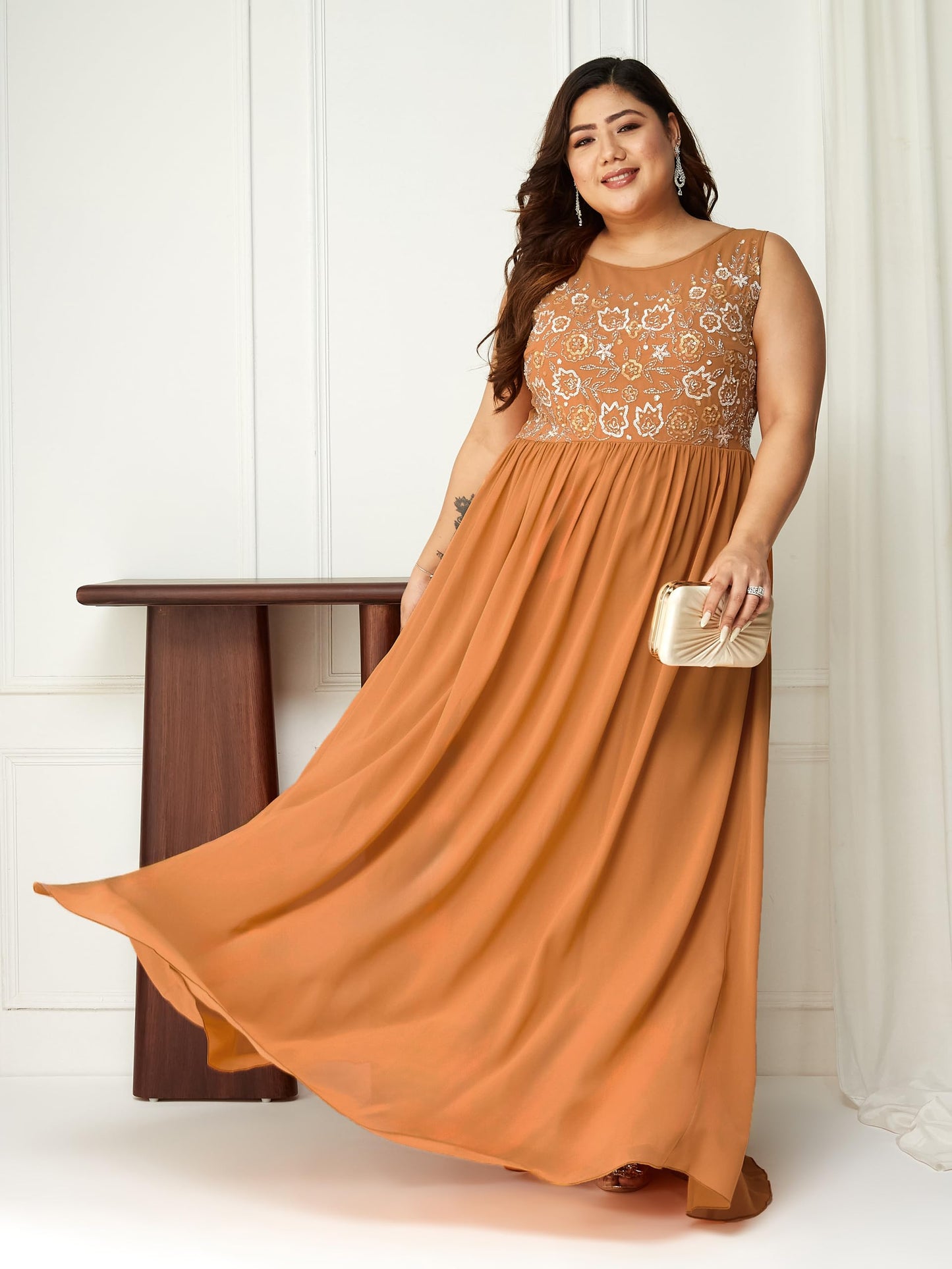 Miss Chase A+ Women's Boat Neck Sleeveless Embroidered Georgette Gathered Maxi Dress (APSS22D16-18-284-07, Dusty Orange, 2XL)