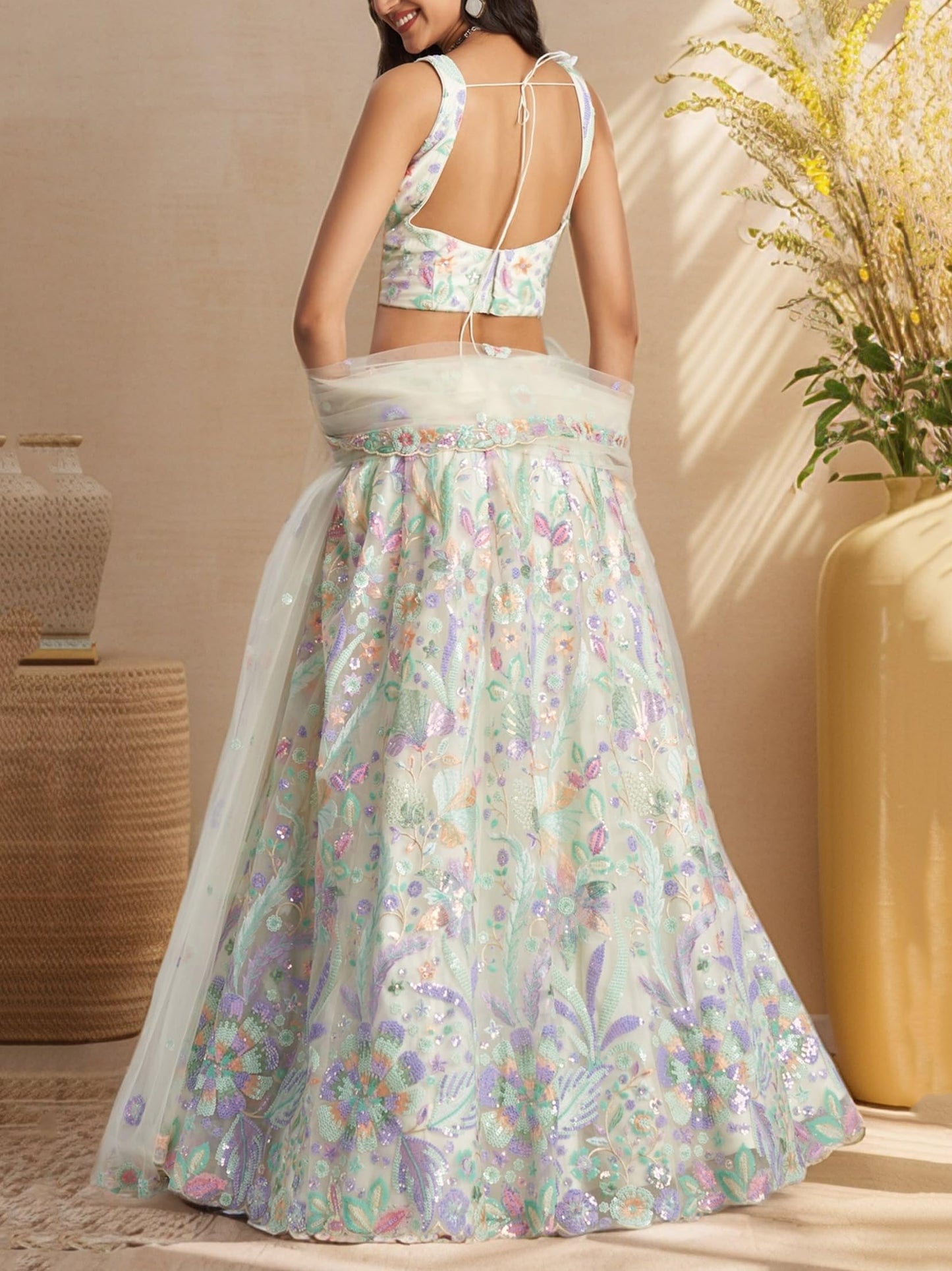 Zeel Clothing Women's Sequins Embroidered Work Soft Net Lehenga Choli With Dupatta (6020-Women-Lehenga-Choli-Latest; Free size) (White) (White)