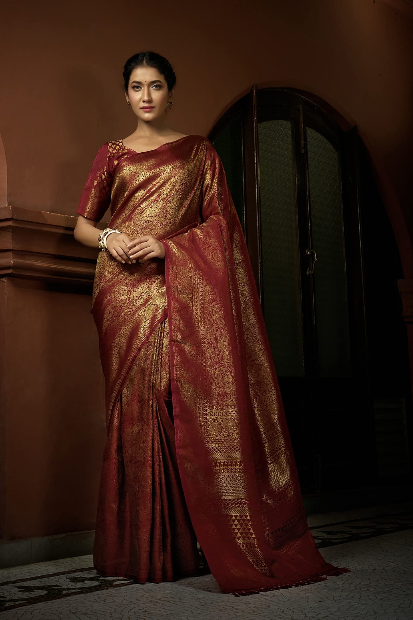 Vardha Women's Kanchipuram Art Silk Saree with Unstitched Blouse Piece - Zari Woven Work Sarees for Wedding (Asya Silk, 393, Maroon)