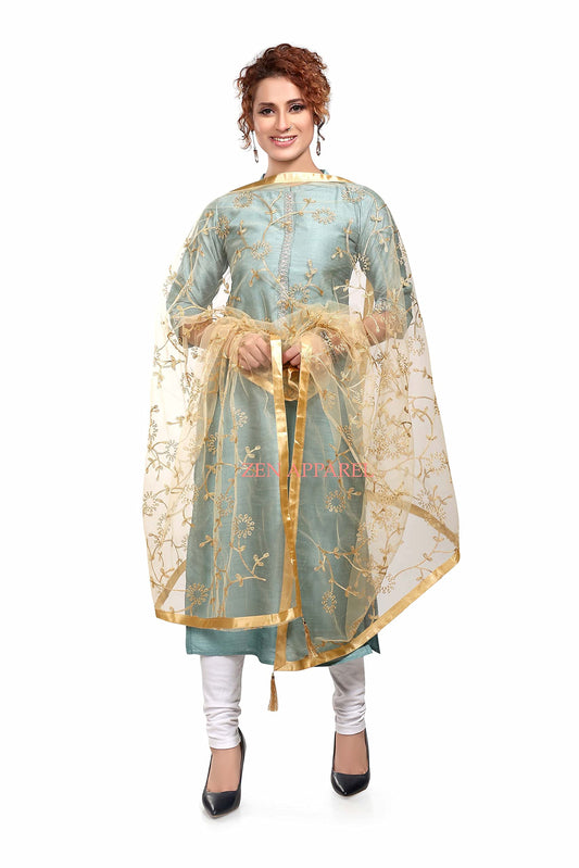ZEN APPAREL Women's Embroidered Golden Net Dupatta With Lace Borders (Gold Z-101) (Gold)
