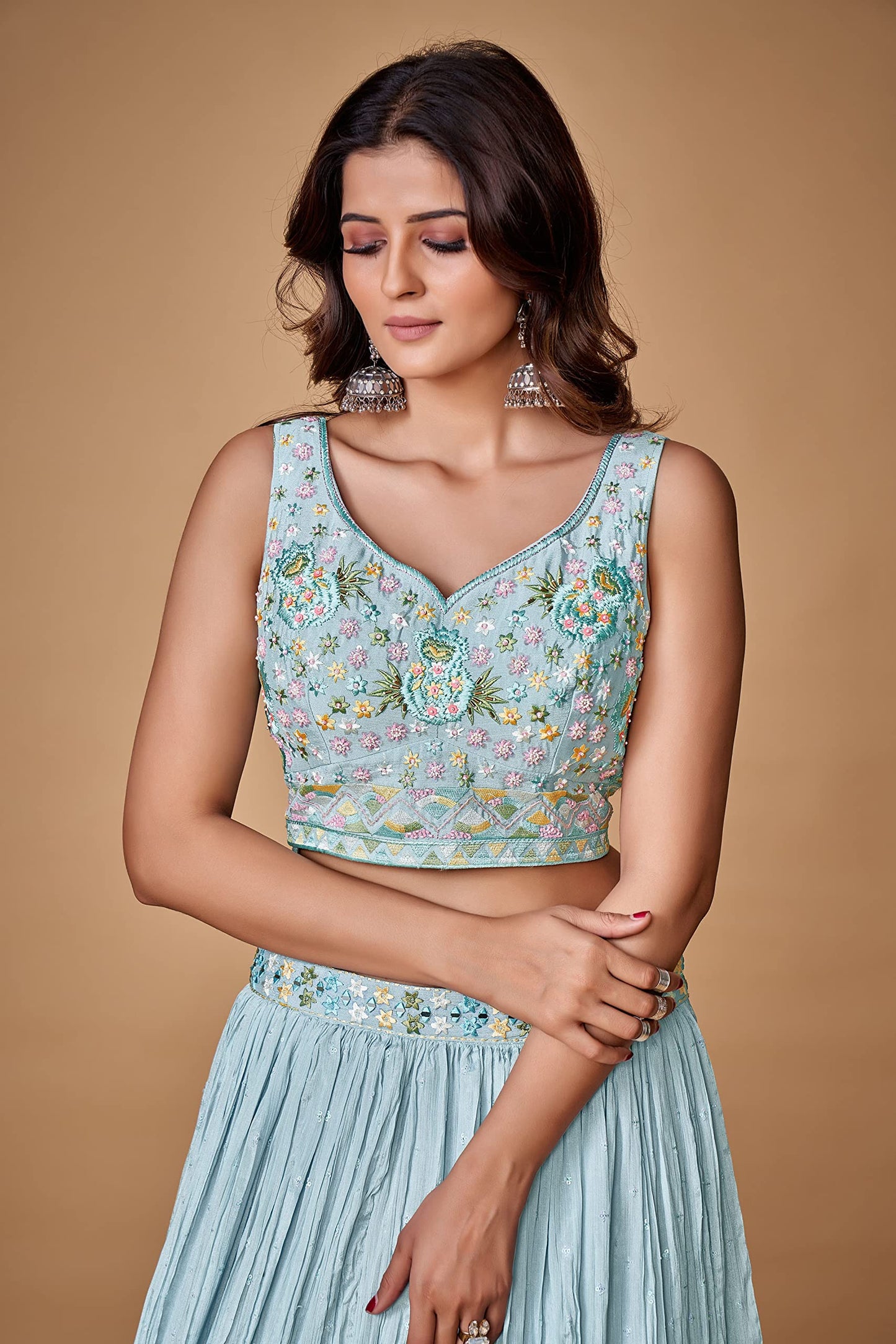 FUSIONIC Sequins With Pearl Powder Blue Ruffle Lehenga