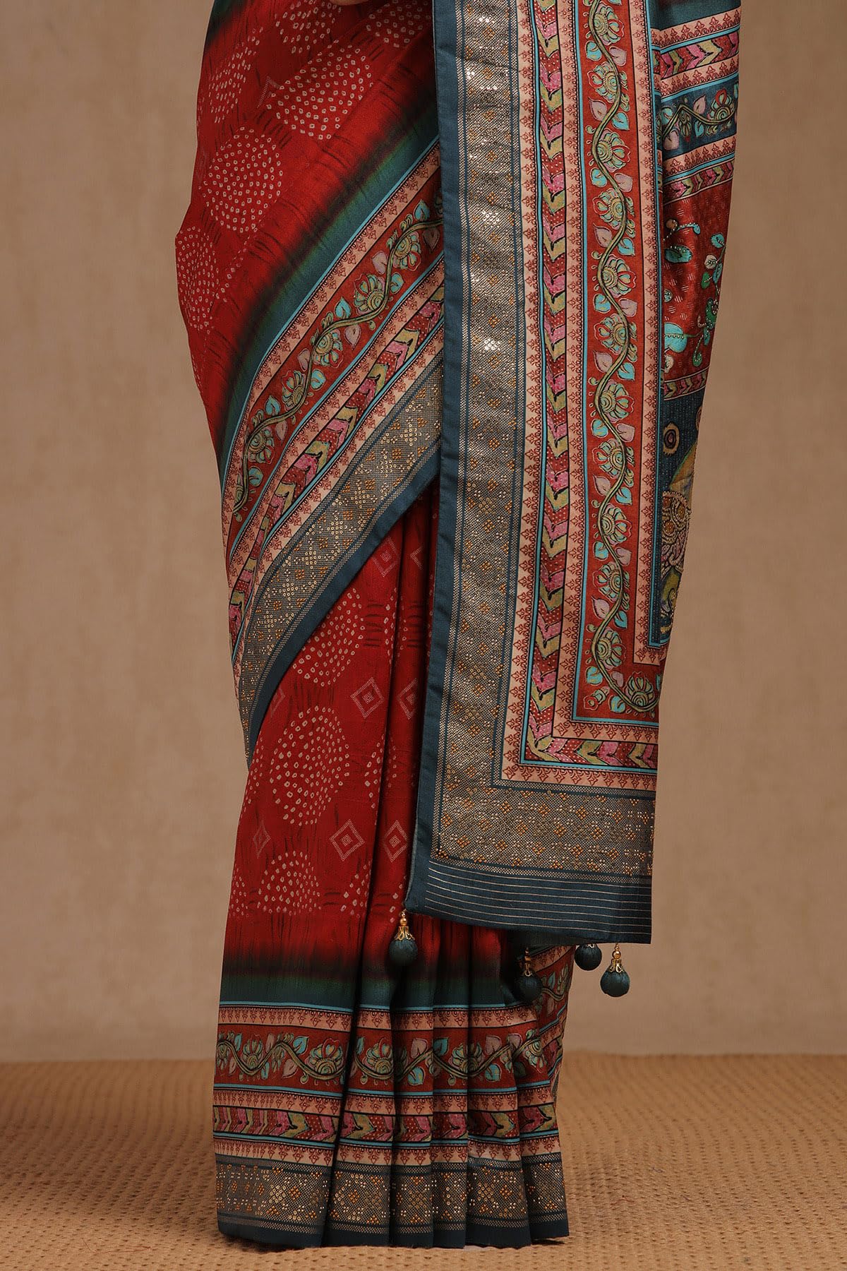 Soch Womens Red Dola Silk Kalamkari Saree With Stud Work