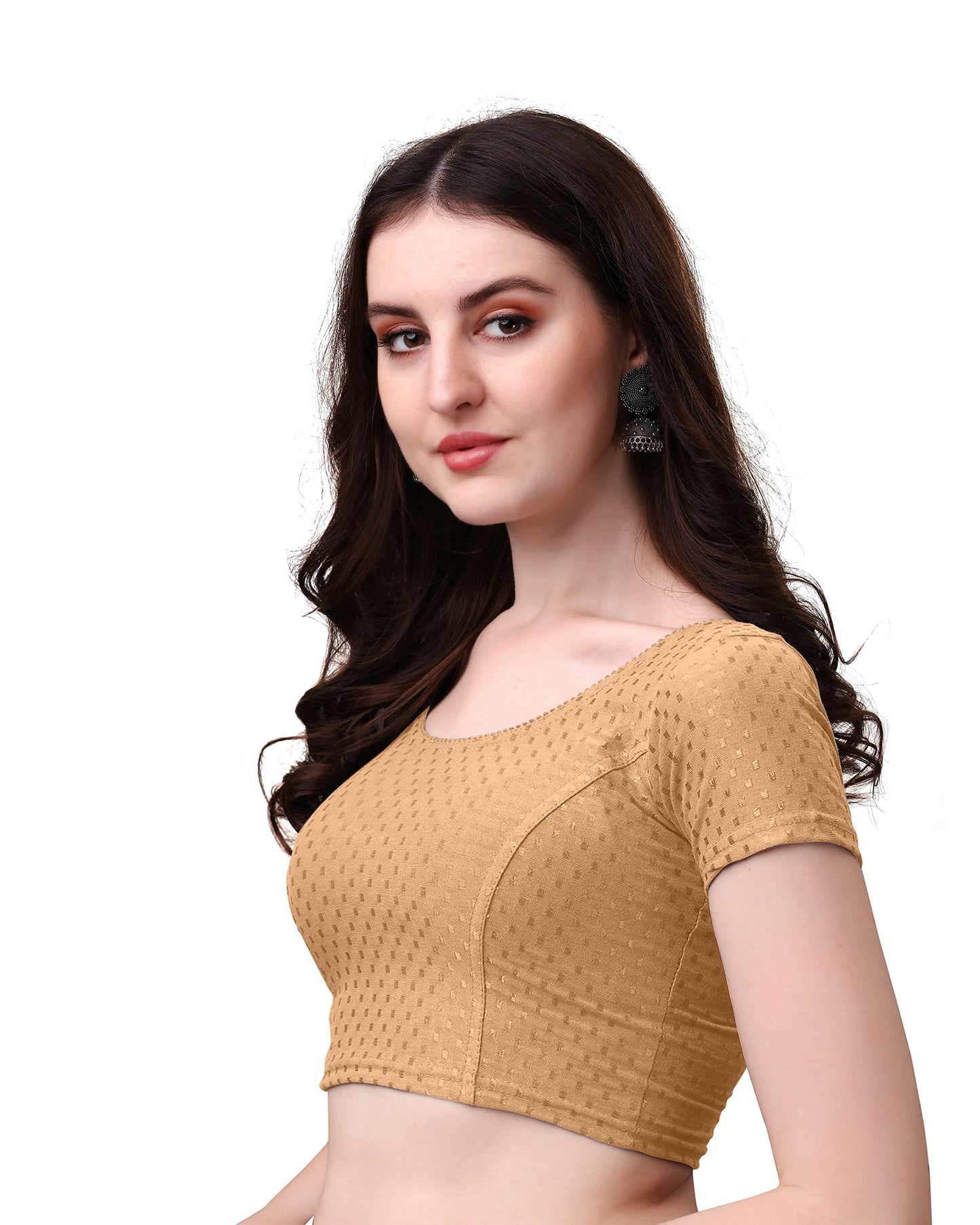 Kipzy Women's Cotton Stretchable Saree Blouse – Round Neck, Short Sleeves, Readymade Slim Fit Blouse for Women 40 Beige