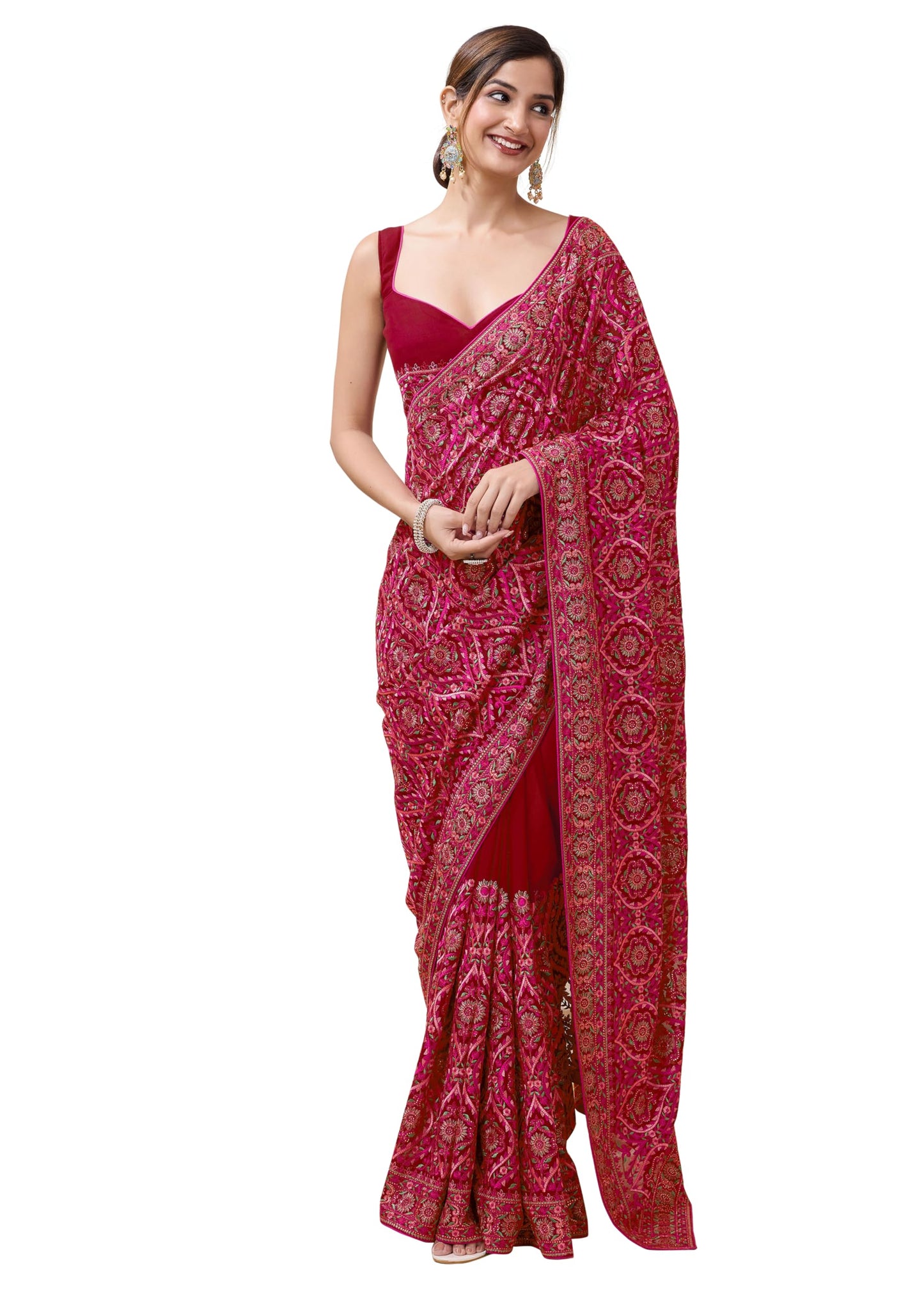 TRENDMALLS Women's Vichitra Silk Embroidery Work Saree with Unstitch Blouse Piece (K1088-Red)