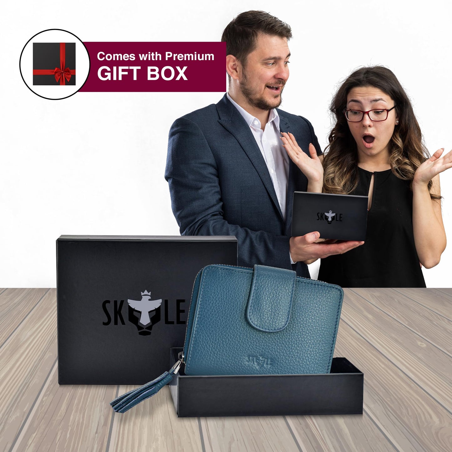 SKYLE Leather Wallet for Women (Blue), RFID Wallets for Girls, Small Ladies Wallet, 14 Card Slots, Cash & Coin Compartment, Purse with Button Closure & Strong Zipper