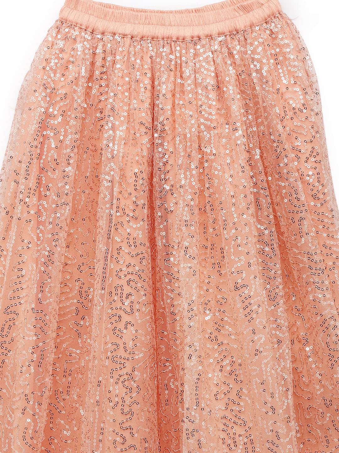 studio rasa Kids Girls Net Sequins Embroidered Gathered Skirt for Wedding Festive Party (GSC12204/3-4_Peach_3-4Y)