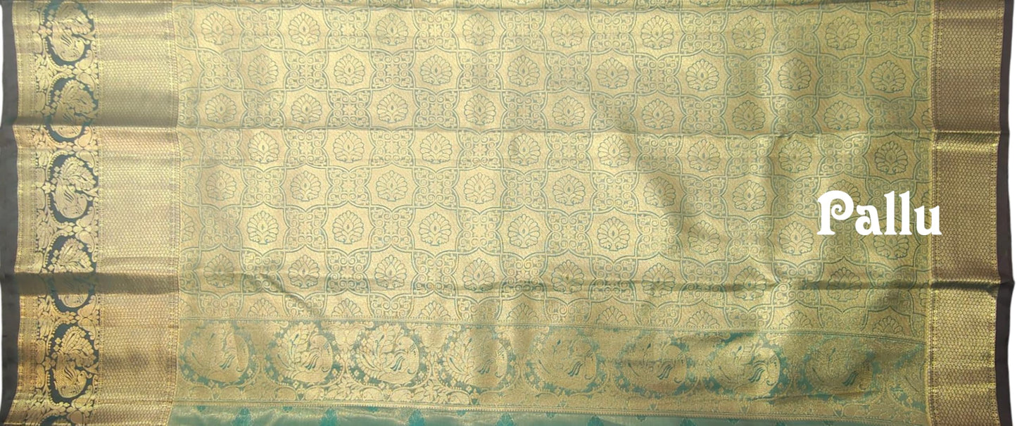 VFCollections Women's Kanchipuram Silk Pure Pattu Sarees With Blouse (Green)