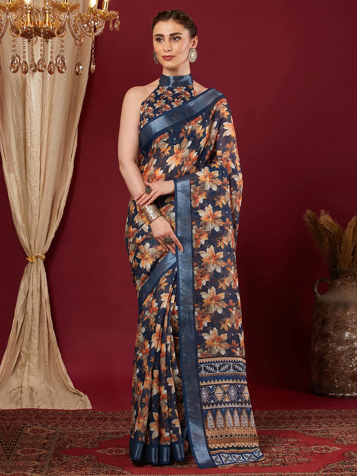 SIRIL Women's cotton Printed & Zari Border Saree With Unstitched Blouse Piece (4403S385A_Navy Blue)