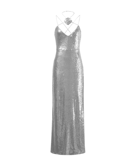 JW PEI Women's Heisey Sequinned Rosette Maxi Dress, Silver, 2