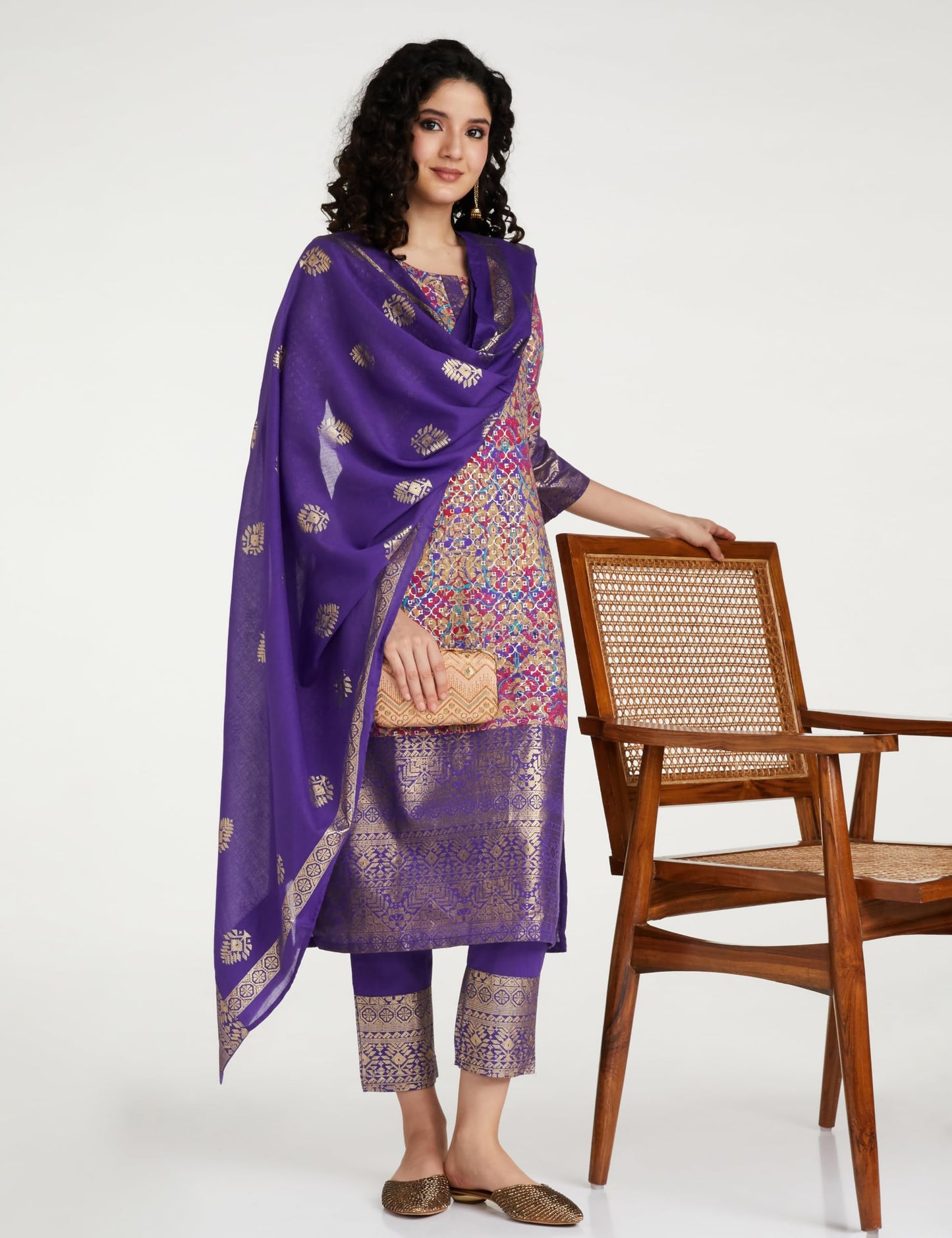 BIBA Women Cotton Blend Printed Straight Salwar Kurta Dupatta(Skdassorted7566E_Purple_36)