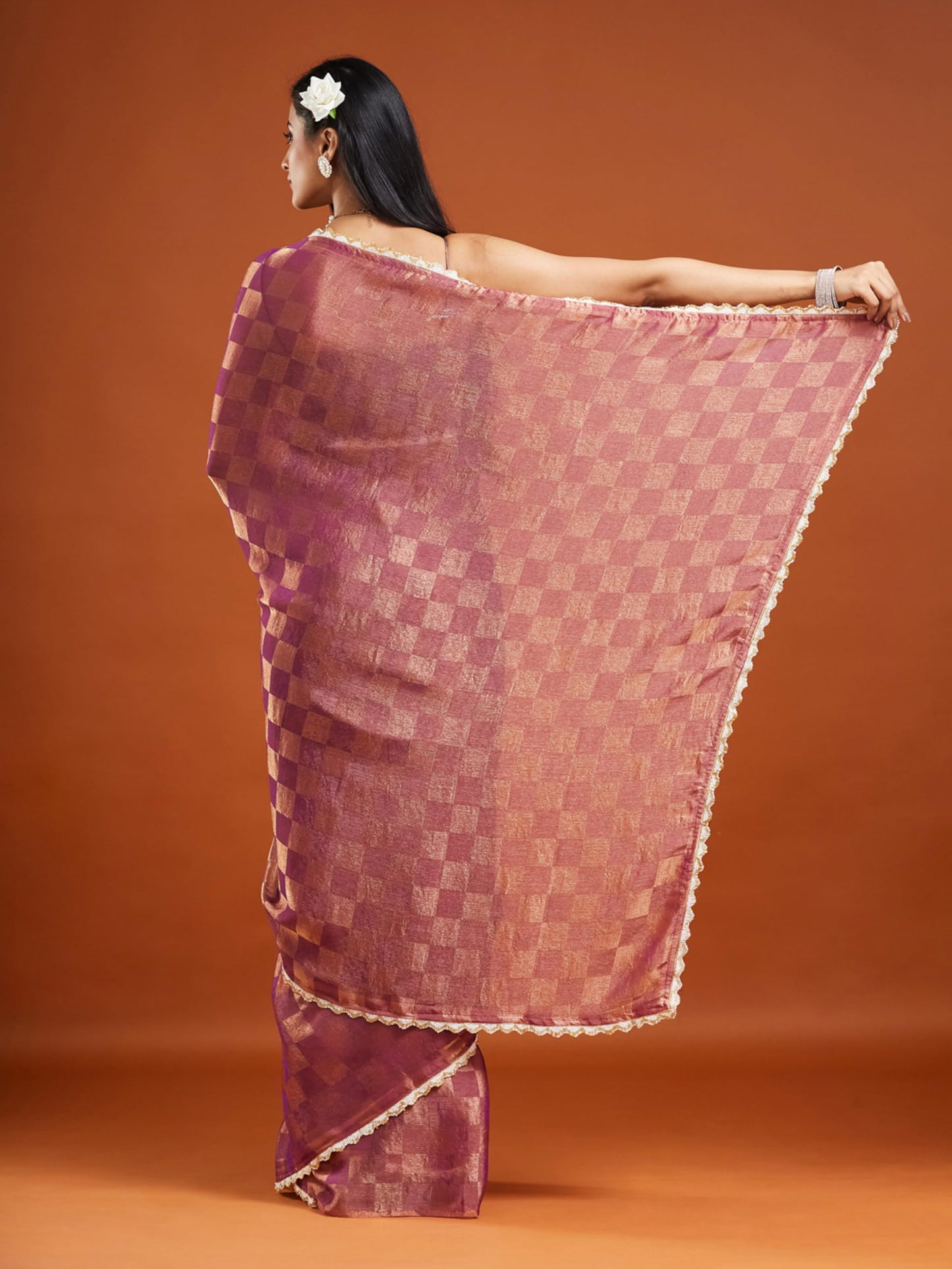 LOROFY Women's Zimmy Choo Silk Blend Saree with Sequin Embroidered Lace Border, Checked Zari Detailing & Unstitched Banglori Blouse Piece (Fandy Box 0.2-Wine_Wine_Free Size)