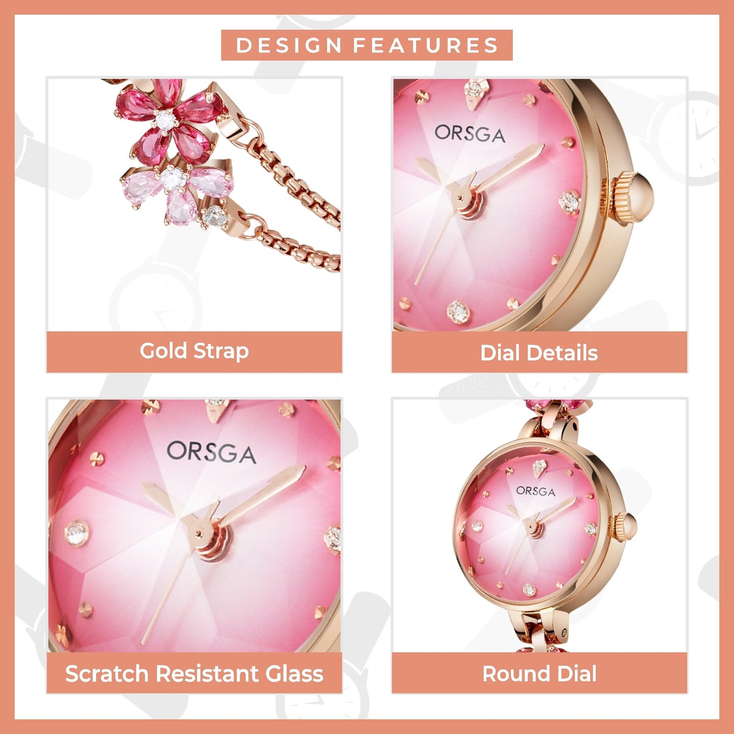 ORSGA Stainless Steel Watches For Women Fleur Bracelet Watch For Women Analog Wrist Ladies Watch Latest & Stylish Women Watches,Band Color-Rose Gold,Pink Dial