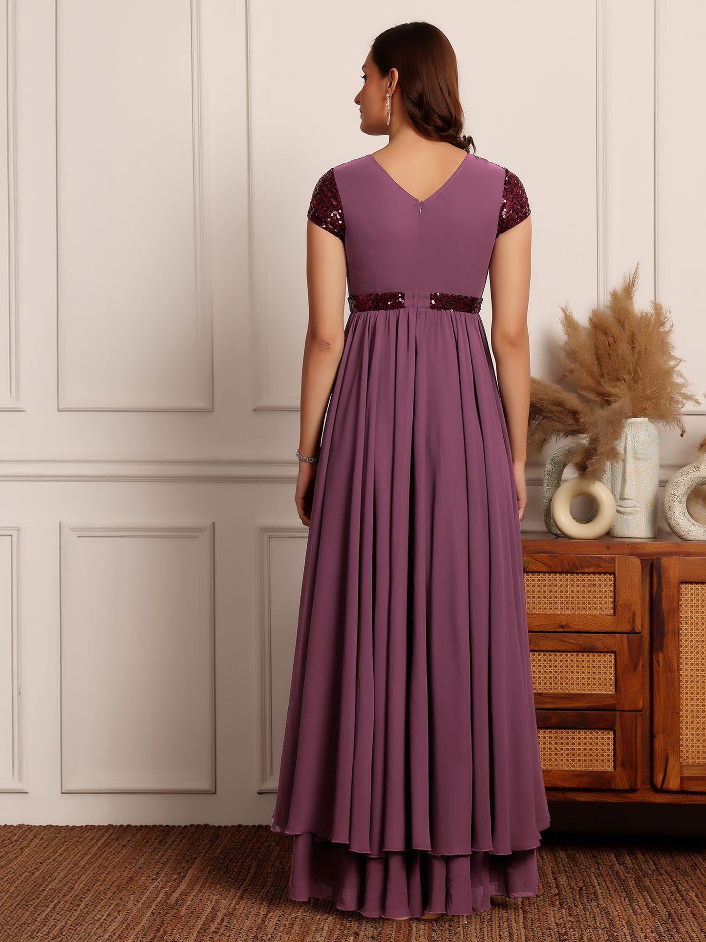 Miss Chase Womens Keyhole Short Sleeve Embellished Layered Georgette Maxi Dress (MCSS23D06-67-271-04, Mauve, M)
