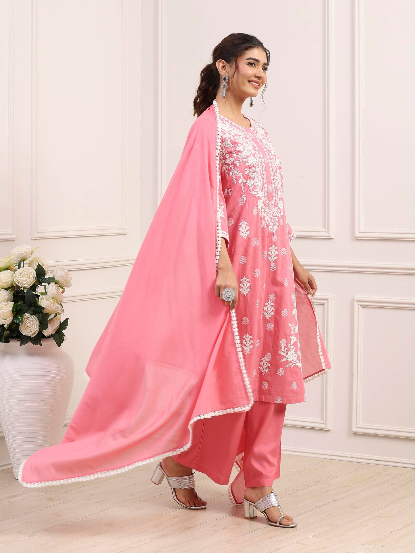 Biba Women Pink Cotton Straight Suit Set_36