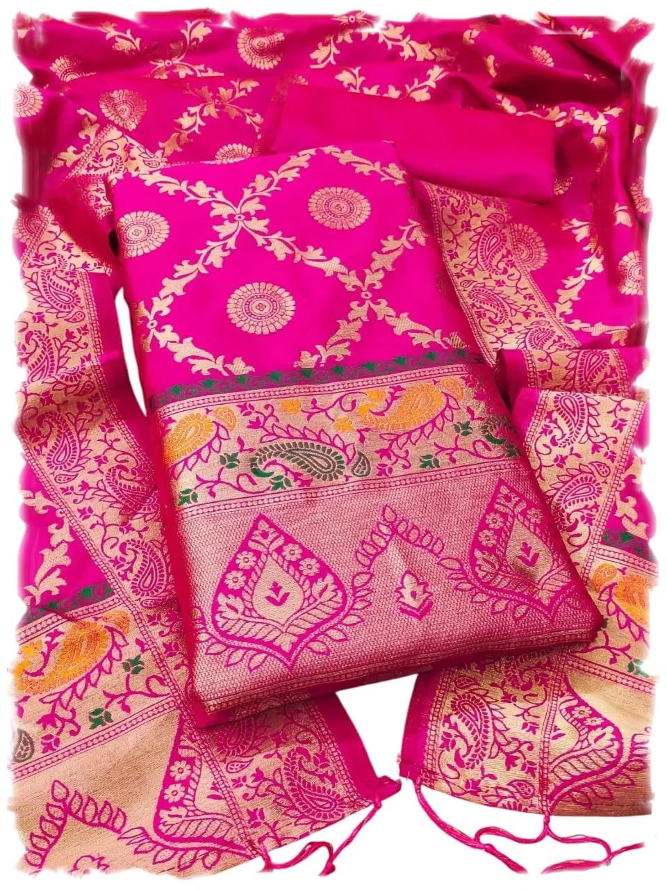 Leeli Peeri Designer Women's Pink Soft Banarasi Silk Zari Weaving Ethnic Motif Unstitched Dress Material(802PDM3)