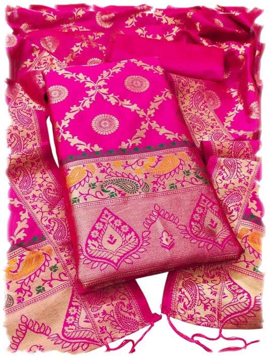 Leeli Peeri Designer Women's Pink Soft Banarasi Silk Zari Weaving Ethnic Motif Unstitched Dress Material(802PDM3)