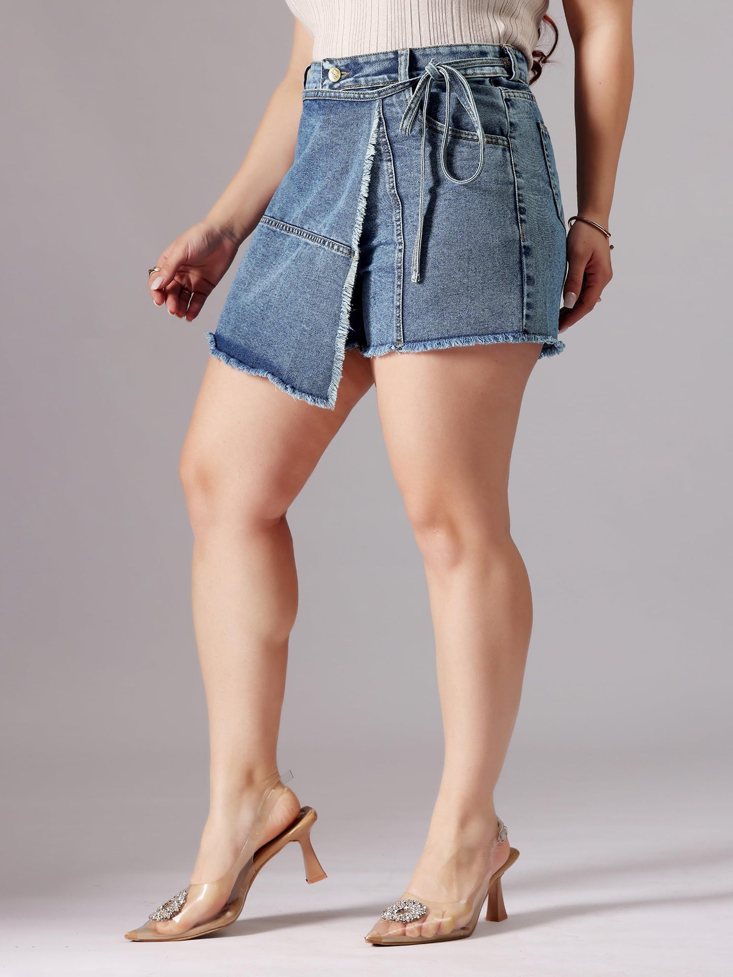 Miss Chase A+ Women's Regular High Rise Mild Distress Regular Denim Skorts (APAW24DEN86-85-320-28, President Blue, 28)