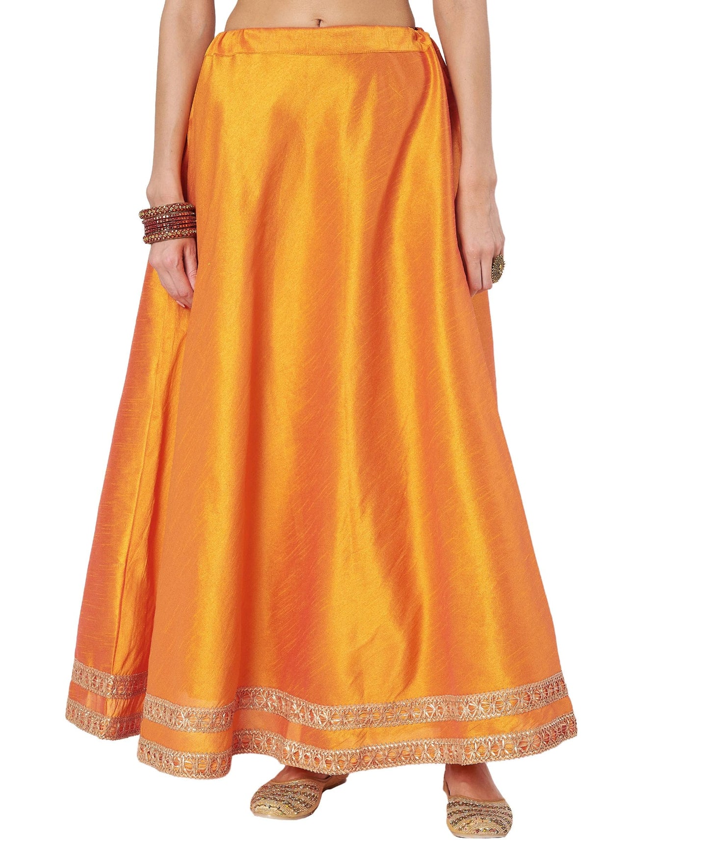 studio rasa Women's Dupion Solid Embellished Bias Skirt for Festive Party Wedding (SKTC42501L_Orange_Large)