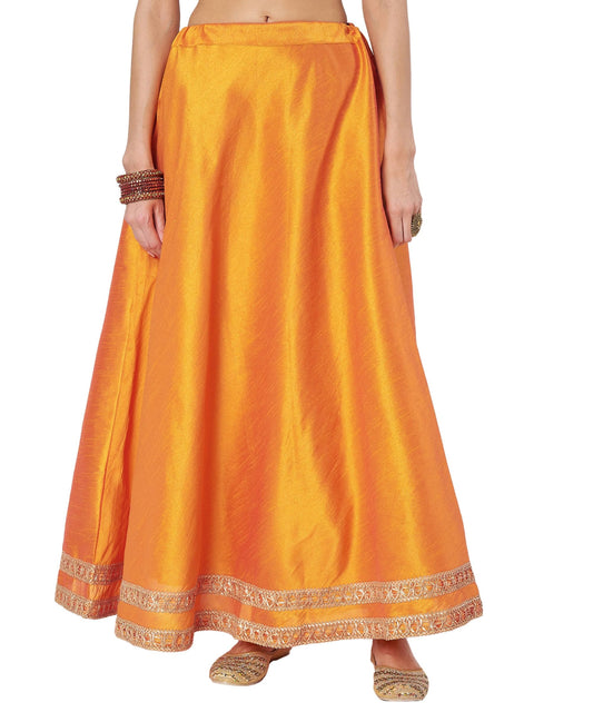 studio rasa Women's Dupion Solid Embellished Bias Skirt for Festive Party Wedding (SKTC42501L_Orange_Large)