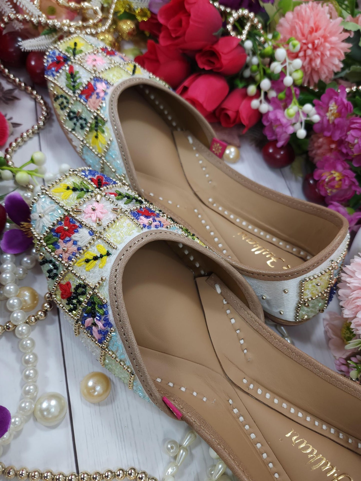 Fulkari Women Paradise Gold Multi Formal Genuine Soft Leather Jutis | Bite and Pinch Free Juttis | Punjabi Jutti | Girl's Wedding Flat Ladies Mojari Ethnic Juti |