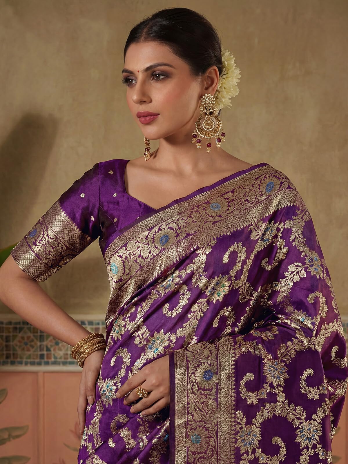 SIRIL Women's Silk Jacquard Banarasi Saree with Unstitched Blouse Piece (4498S753AA_Dark Violet)