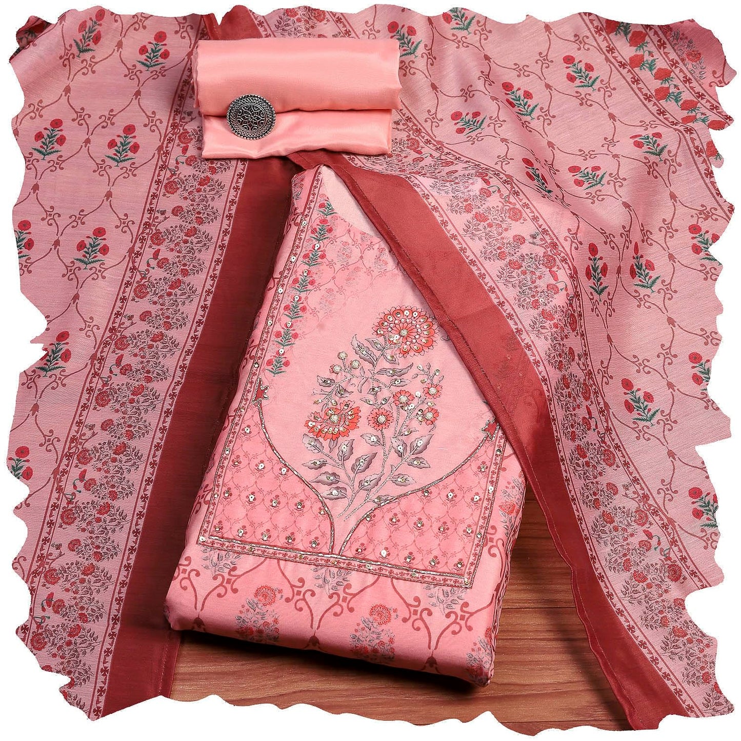 Biba Women Pink Chanderi Blend Printed Embroidered Unstitched Suit Set_FREE SIZE