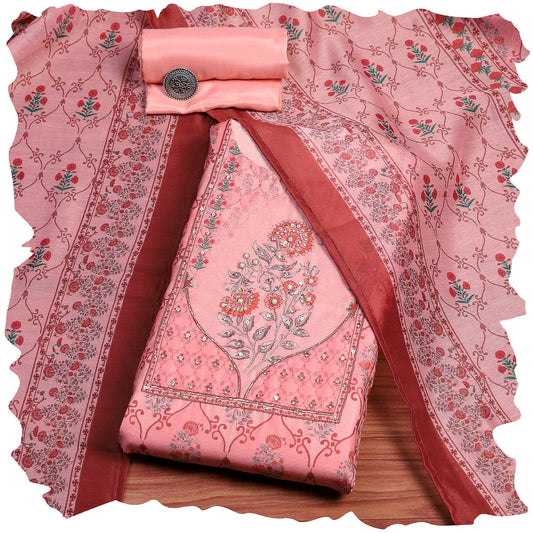 Biba Women Pink Chanderi Blend Printed Embroidered Unstitched Suit Set_FREE SIZE