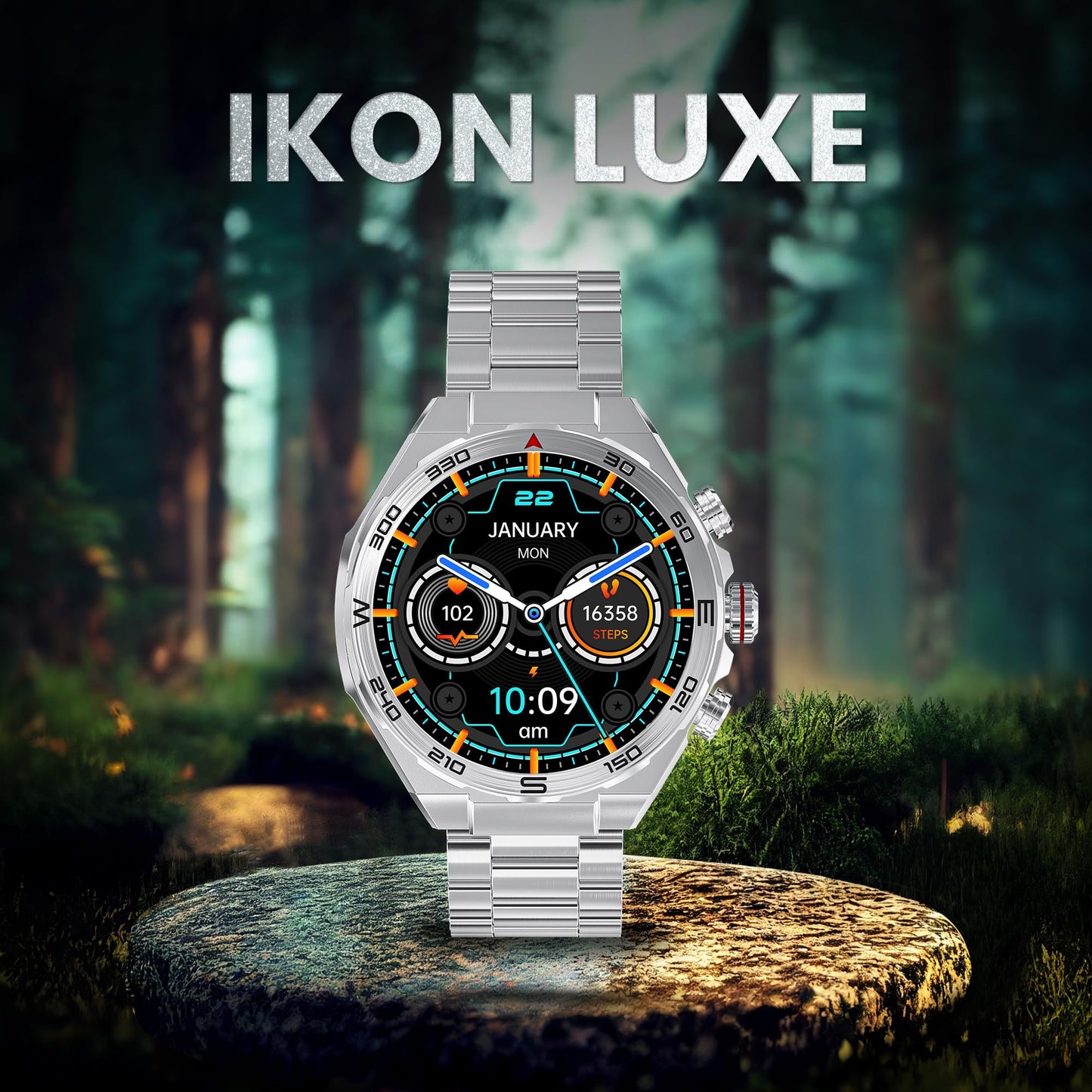 GIZMORE IKON Luxe 3.93cm (1.55) FHD Display | AOD with 600 NITS I Active Crown & 3 Buttons Control | IP68 | Zinc Alloy Metal Body | 15 Days Battery & 120 Sport Modes I BT Calling Smartwatch (Silver)