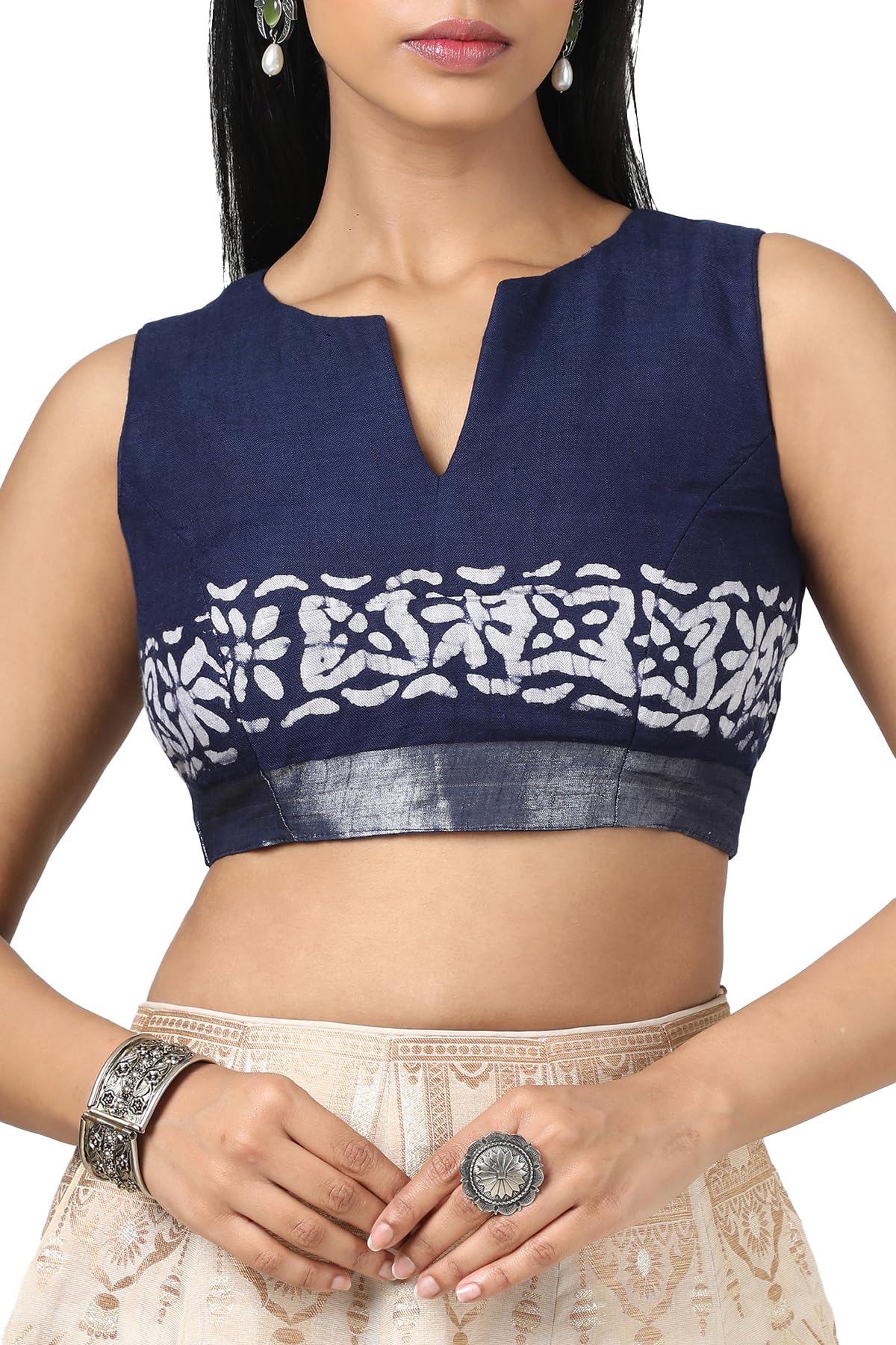 Soch Womens Navy Blue Linen Batik Print Saree With Tassels