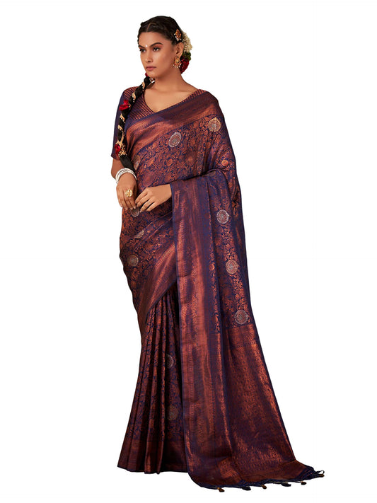 Vardha Women's Kanjivaram Art Silk Saree, Zari Woven, Copper, Unstitched Blouse - Navy Blue, Blue Sari Anvaya, 551