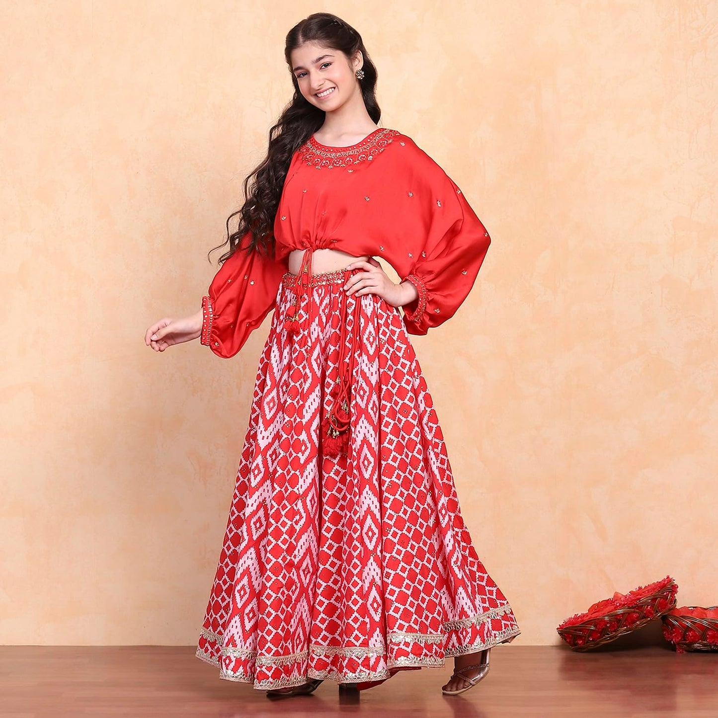 Biba Girl's Polyester Lehenga Set (KWSNKIS6316SS25RED_Red_16-17 Year)