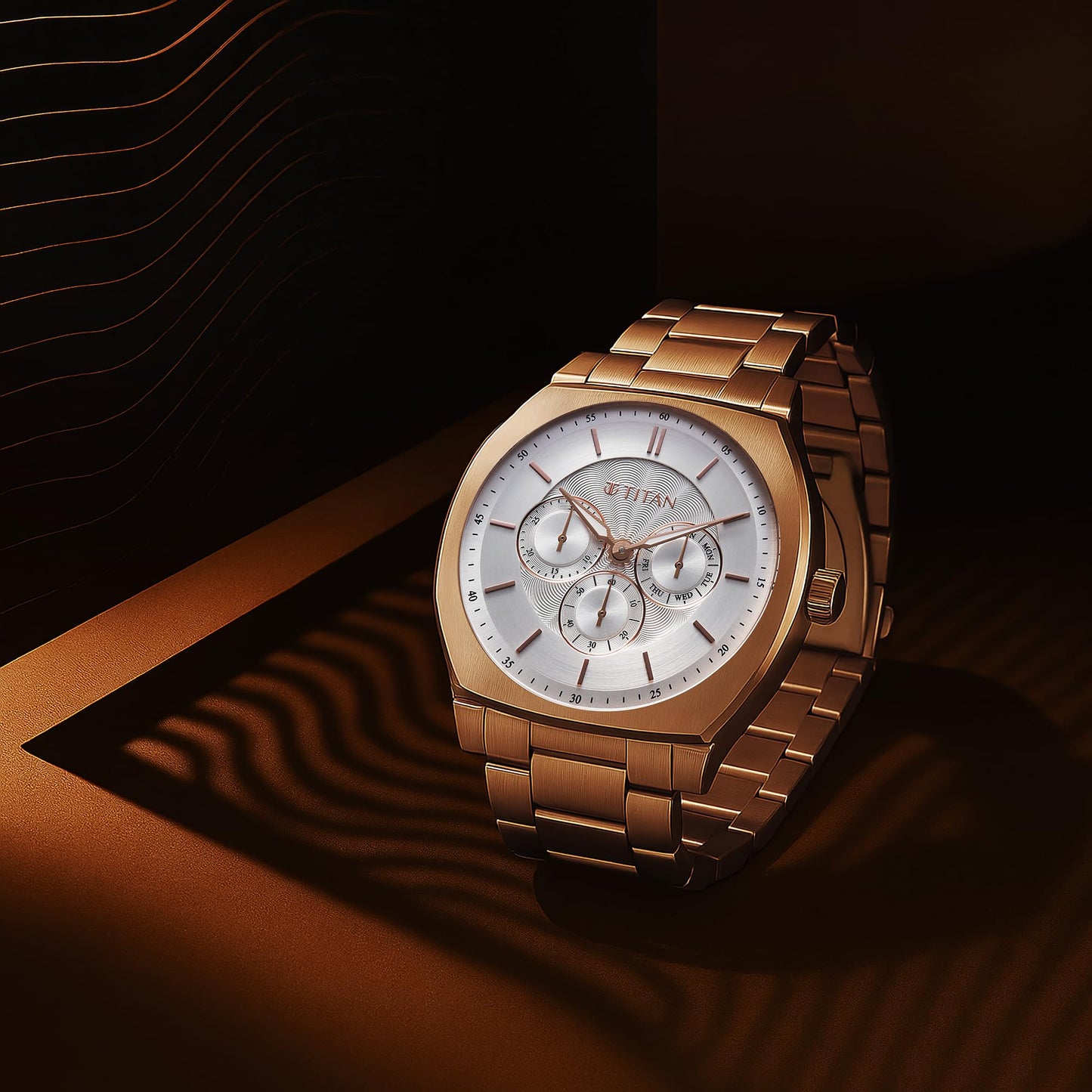 Titan Regalia Arc Analog with Day Date Second Subdial and Silver Dial Rose Gold Stainless Steel Strap Watch for Men - 90213WM01