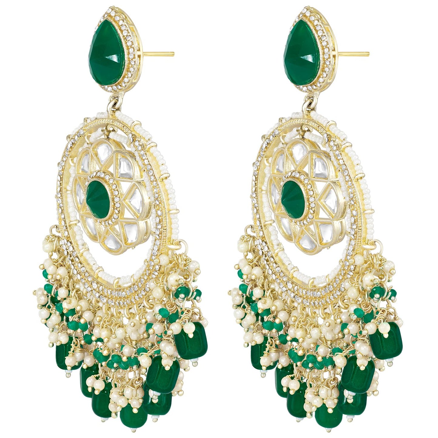 Peora Gold Plated Green Kundan & Beads Studded Ethnic Dangle Chandbali Earring Traditional Stylish Fancy Jewellery Gift for Girls & Women