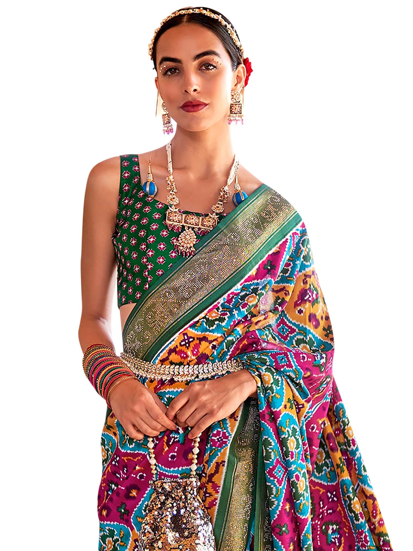 SAREE MALL Women's Embellished Ikat Print Silk Blend Saree with Unstitched Blouse Piece (Multicolored_PATOLA347_RW)