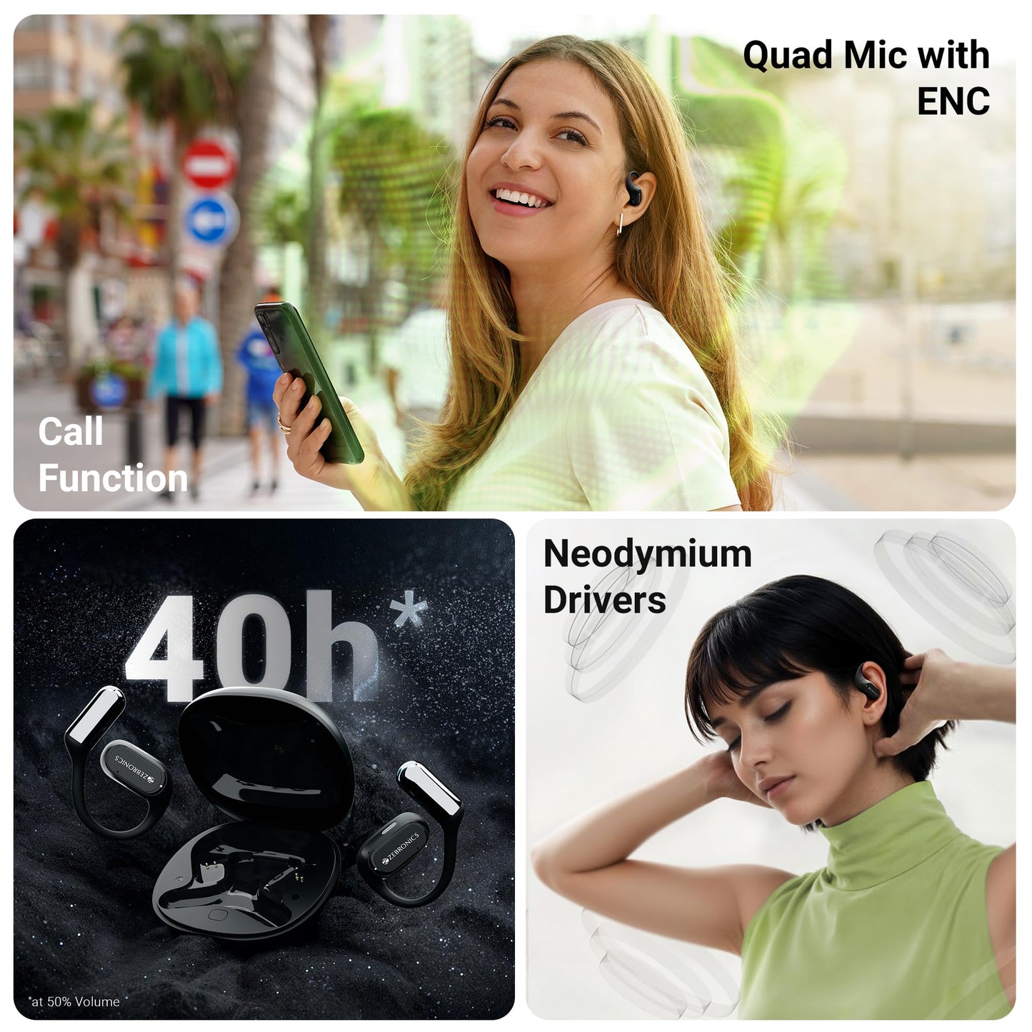 ZEBRONICS PODS O, Wireless Open-Ear Earbuds, OWS, 40 Hrs Backup, Neodymium Drivers, Ultra Comfort Fit, Quad MIC ENC, Rapid Charging, Bluetooth, Dual Pairing, Flash Connect, Low Latency Gaming (Black)