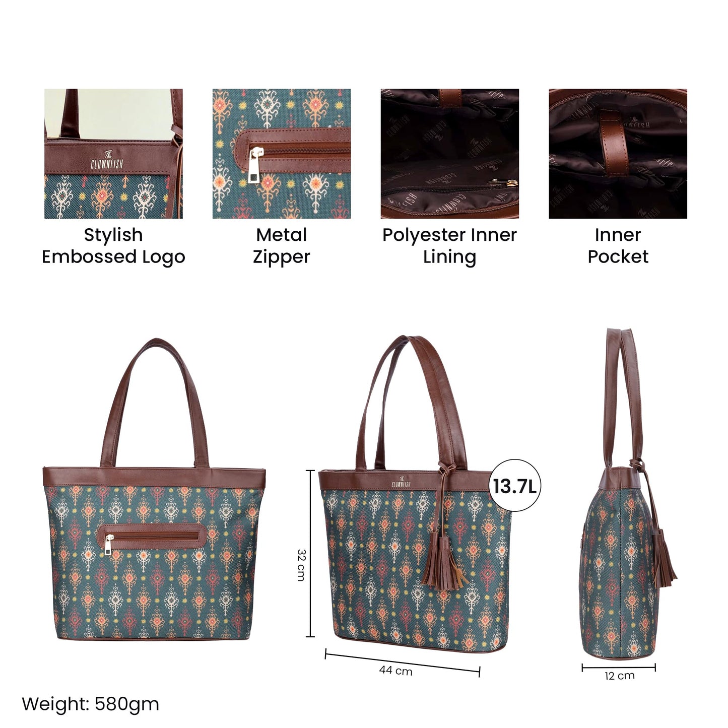 THE CLOWNFISH Casey series 15.6 inch Laptop Bag For Women Printed Handicraft Fabric & Faux Leather Office Bag Briefcase Hand Messenger bag Tote Business Bag (Green)