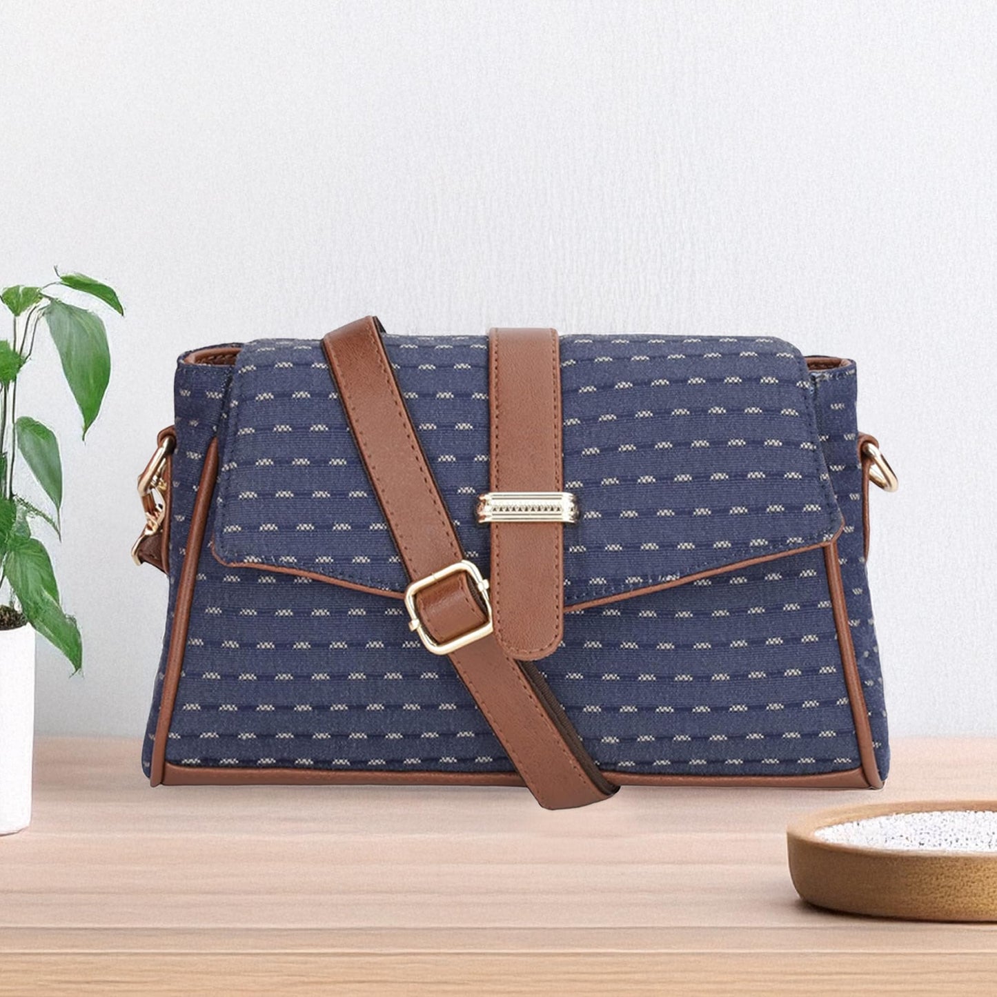 THE CLOWNFISH Odelina Series Printed Handicraft Fabric Handbag for Women Sling Bag Office Bag Ladies Shoulder Bag with Snap Flap Closure & Shoulder Belt Tote For Women (Dark Blue)