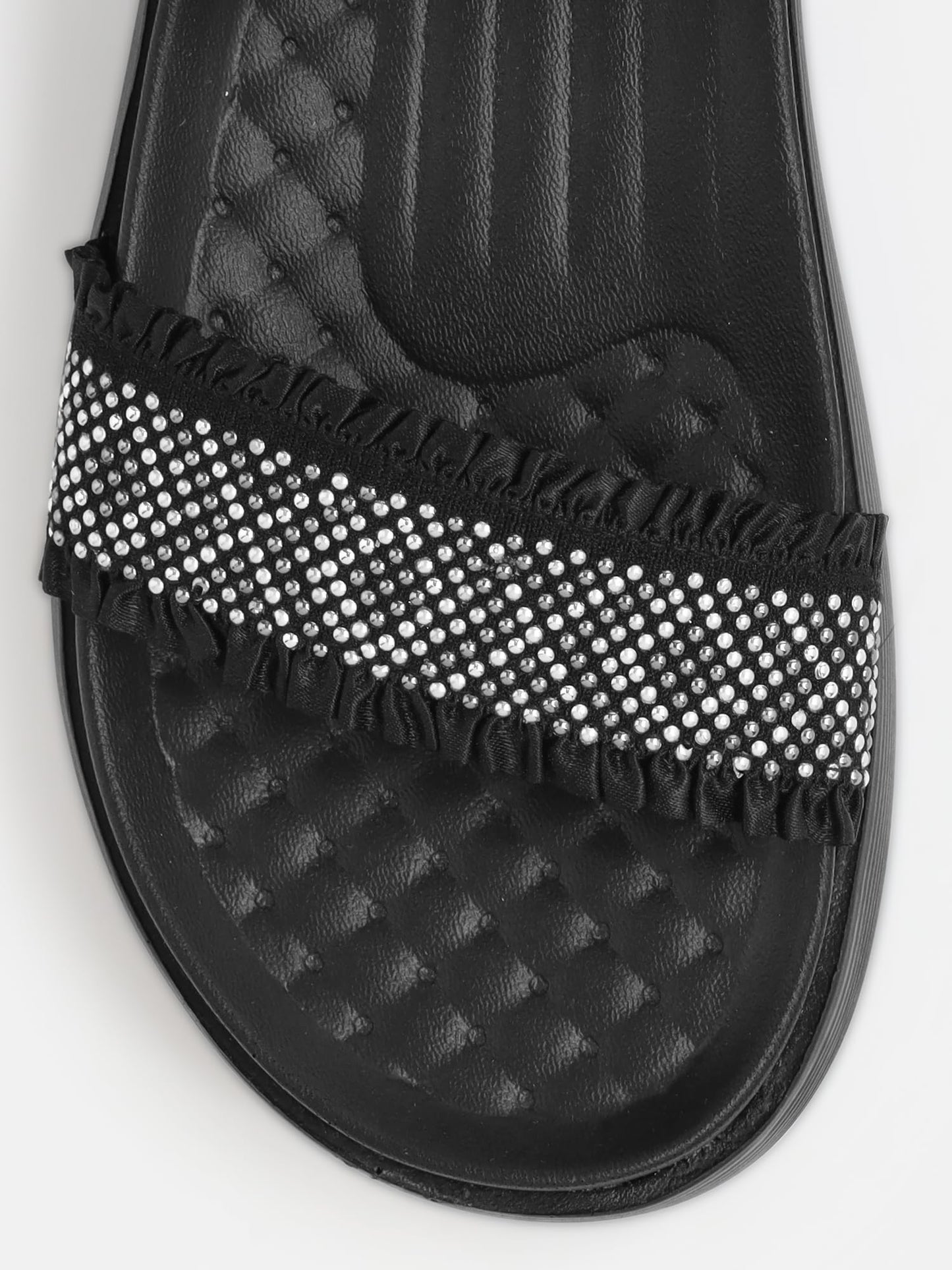 KENNETH COLE Women's Flatform Sandal | Premium Synthetic Upper | Ladies Open-Toe, Slingback Design, Cushioned Footbed | Beaded-Embellished Strap, Ruffled Edges | Black