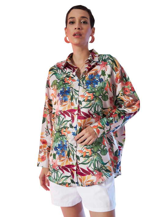 SASSAFRAS Beige Satin Floral Oversized Shirt