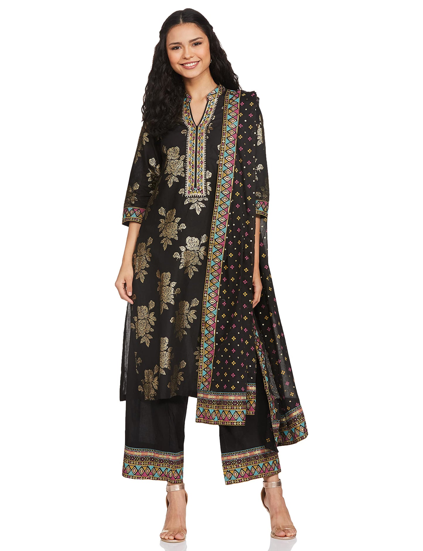 BIBA WOMEN PRINTED STRAIGHT SALWAR KURTA DUPATTA(SKDBANDHEJ 7509_BLACK_40)