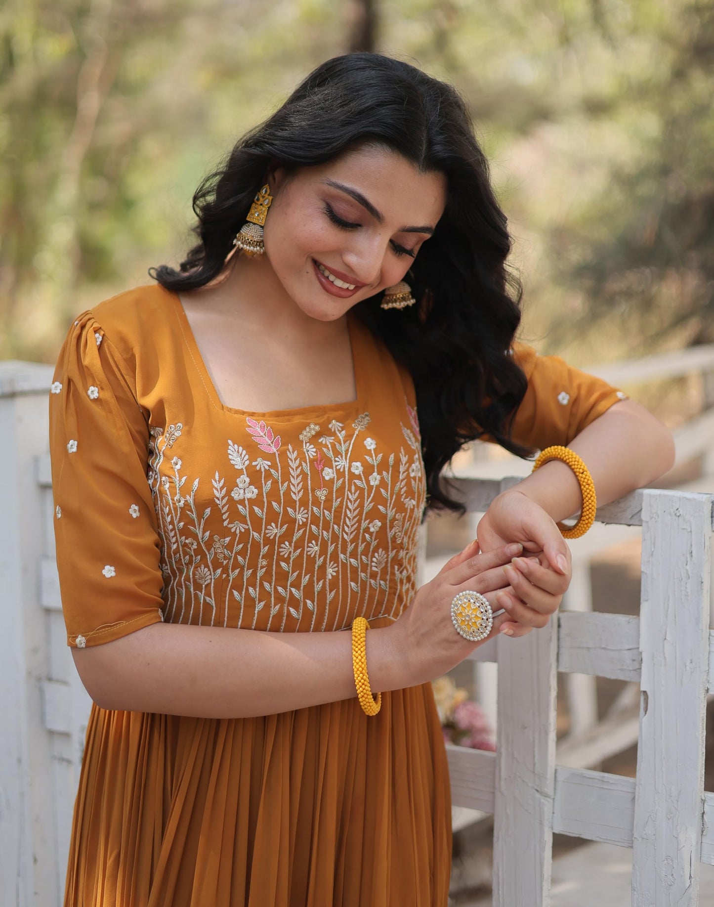 Fashion Basket Georgette Anarkali Gown with Sequins and Embroidery for Women with Long Sleeves (X-Large, Yellow)