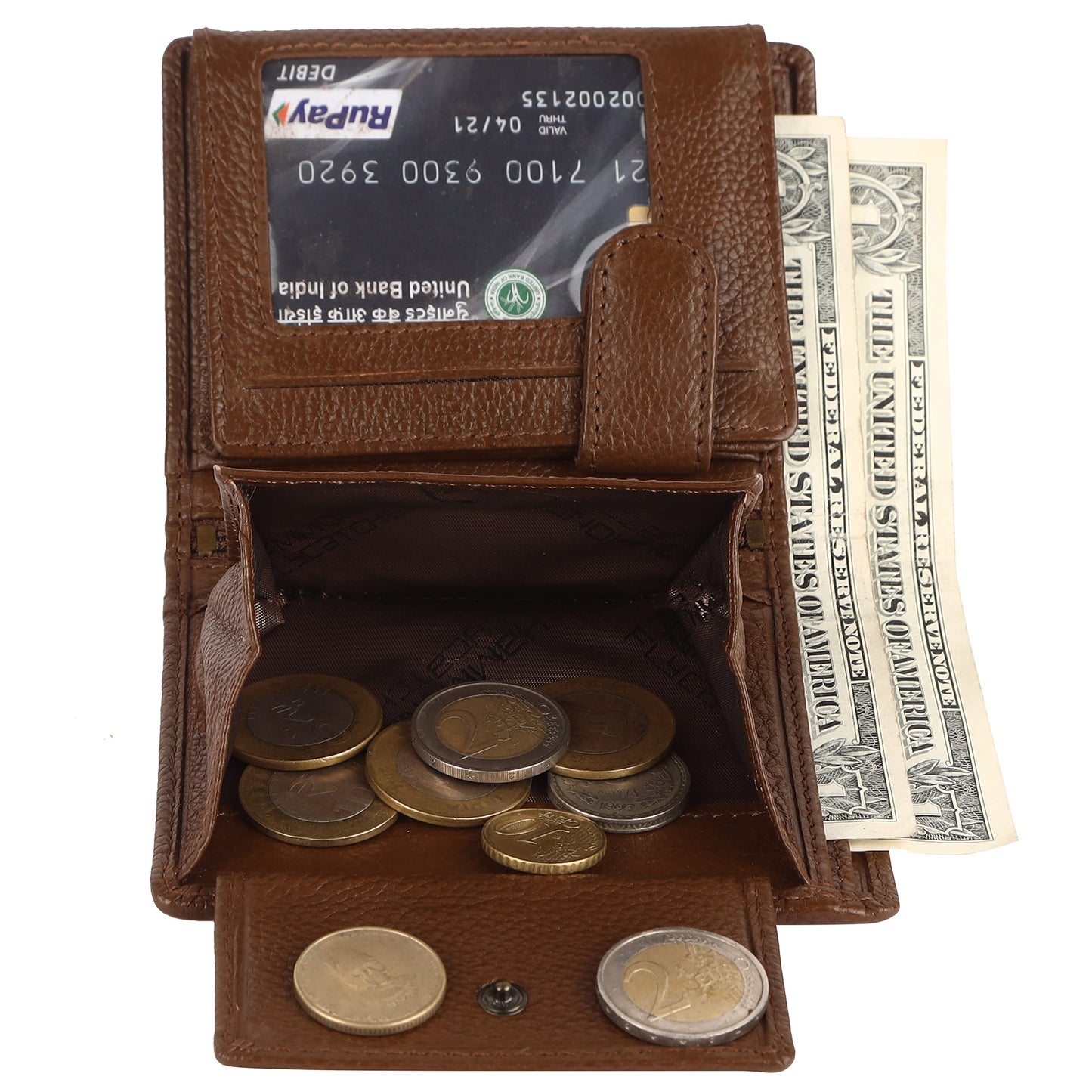 HAMMONDS FLYCATCHER Genuine Leather Wallet for Men, RFID Protected Leather Purse for Men, Money Purse for Men, Bi-Fold Wallet, 4 Card Slots, 3 ID Slots, Coin Pocket, Metal Snap Button - Brushwood