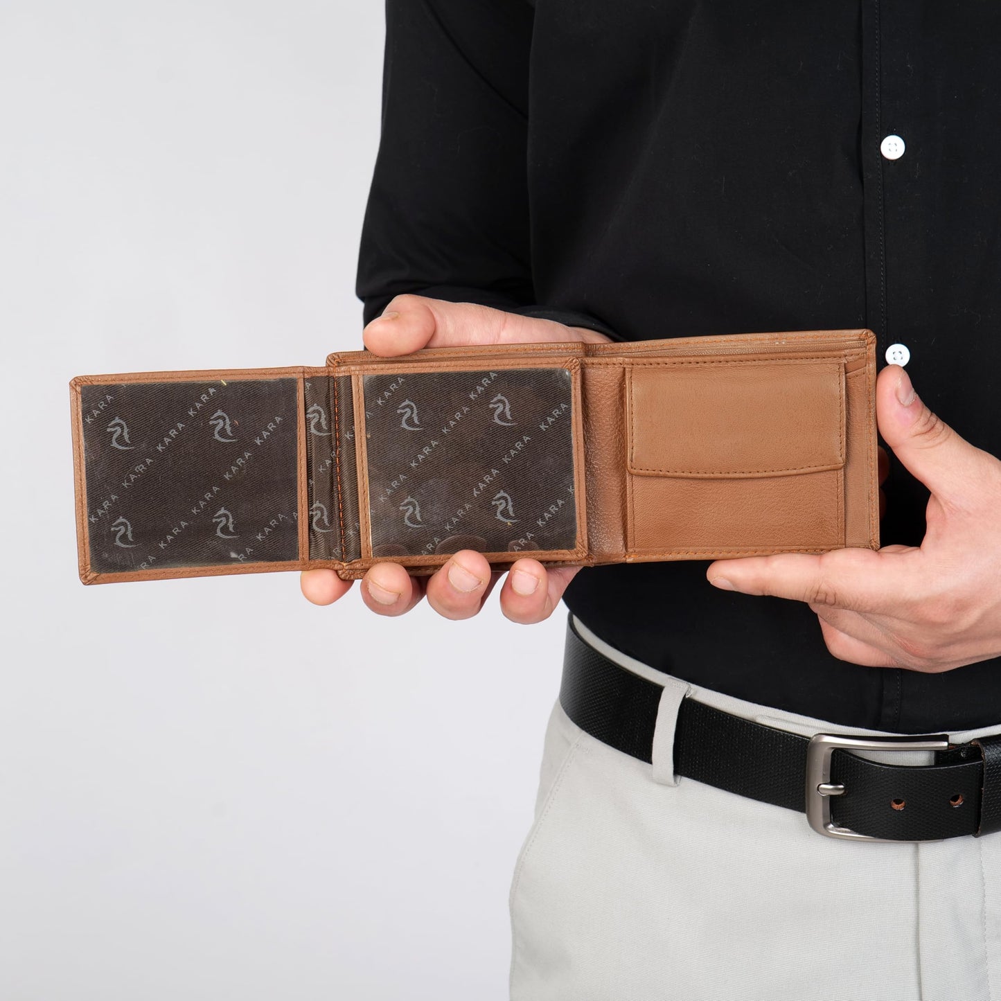 KARA Tan Men's Genuine Leather Wallet – Bifold, 2 Cash Compartments, Coin Pocket, 10+ Card Slots, Hidden & Transparent Flip Sections