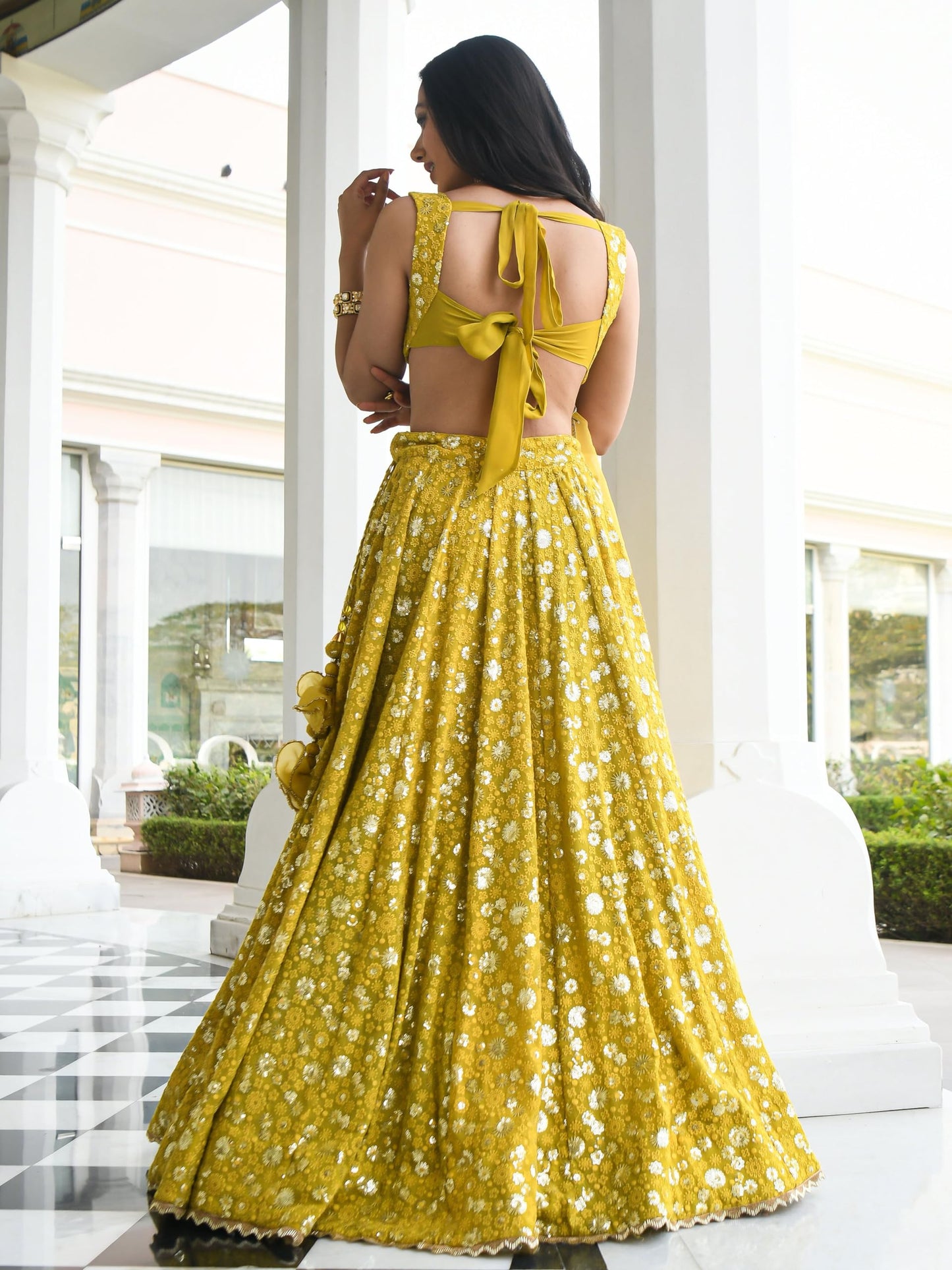 Zeel Clothing Women's Georgette Semi-Stitched Sequins Thread Embroidered Lehenga Choli With Dupatta (7084-Mehndi--Lehenga-Choli-Latest,Free size)