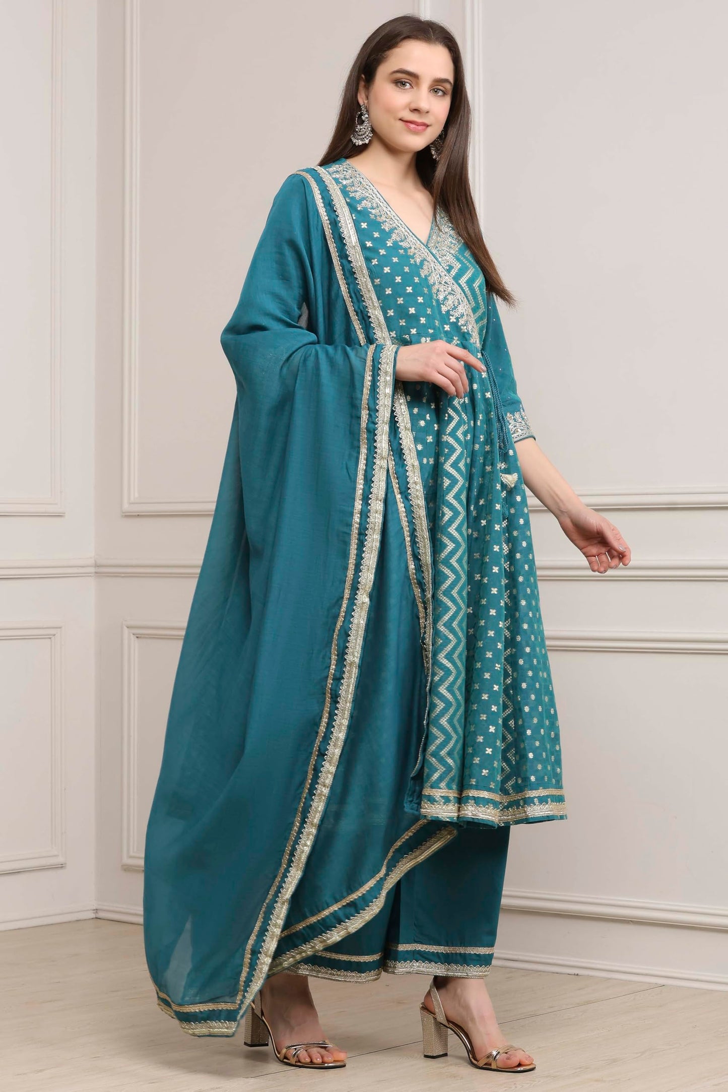 Biba Women Teal Green Poly Cotton Anarkali Suit Set_34