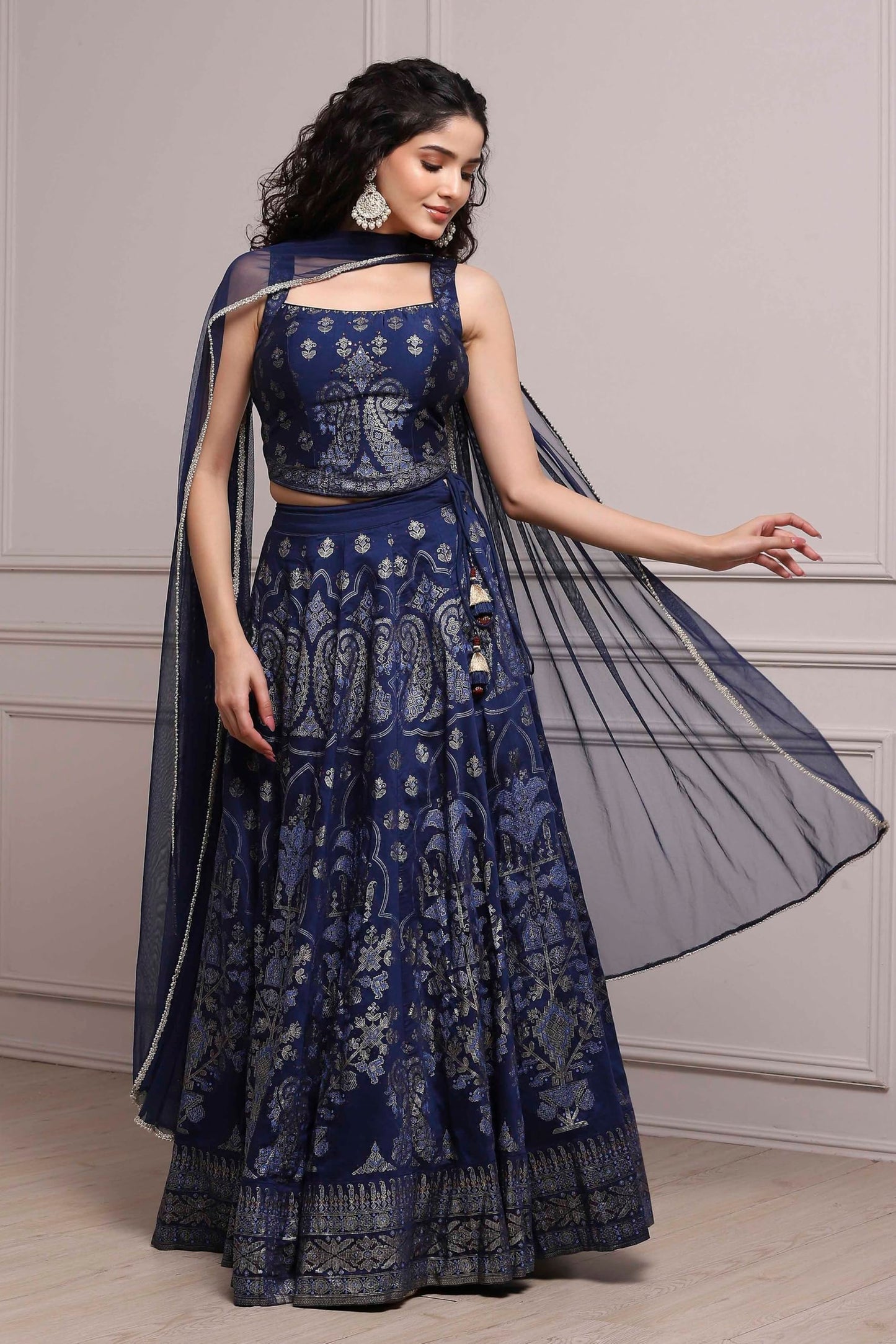 Biba Women Blue Fitted Printed Lightweight Lehenga Set_32