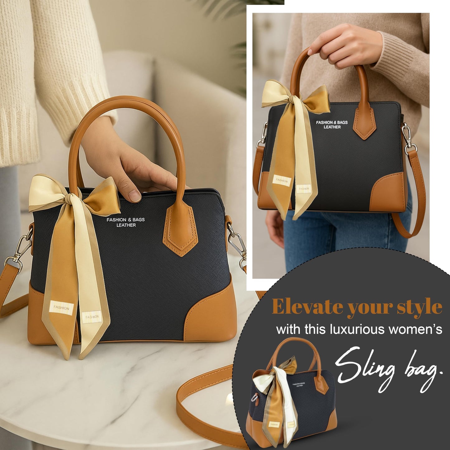 Storite Stylish Blue & Brown Small Leather Handbag for Women’s Everyday Use (25x11x17 cm)